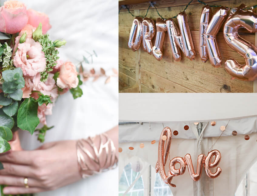 Script- und Buchstabenballons in zartem Rosegold für die Hochzeit