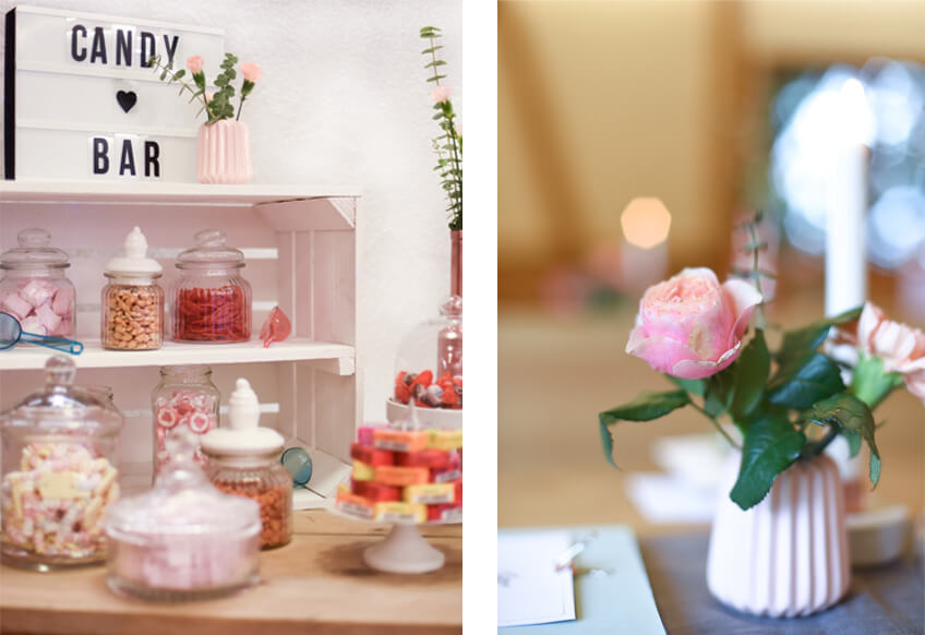 Trendige Hochzeitsdeko für die Candy Bar mit Buchstabenlampe