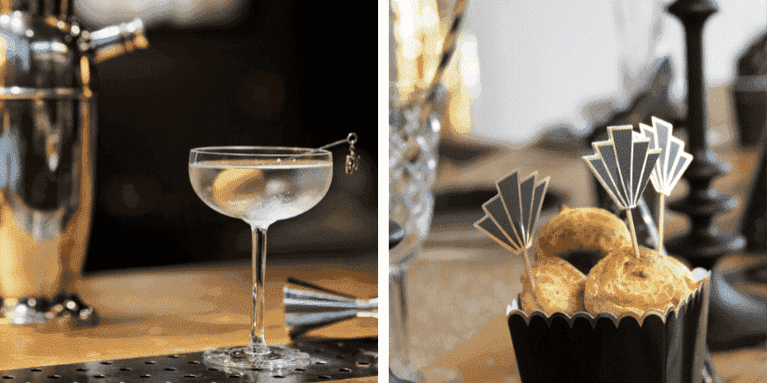 Vergoldete Geomuster schmücken deine Snacks im 20er Style, dazu klassische Cocktails