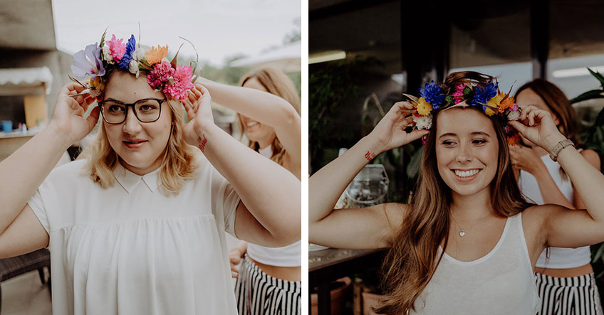 Brautjungfern mit fertigen DIY Blumenkränzen bei der Brautparty 2018.