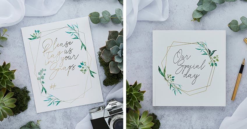 Instagram Schild und Hochzeits-Gästebuch in wunderschönem Greenery Stil