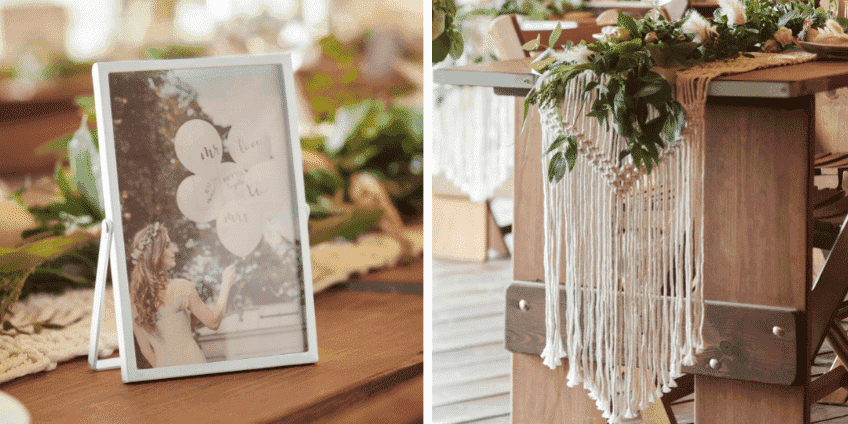 Schmücke den Hochzeitstisch mit Läufern, Pflanzen und Bildern für einen frischen Look