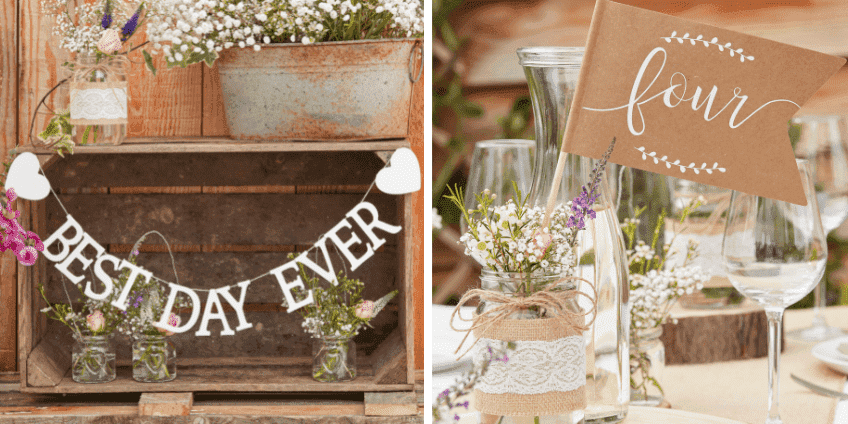 Kraftpapier-Tischnummern und romantische Girlanden ergänzen passend deine rustikale Hochzeitslocation