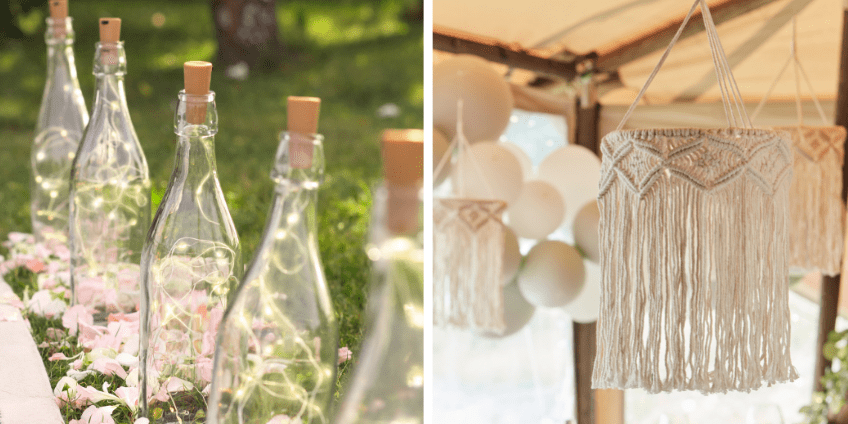 Schöne Lichterflaschen und Makramee sind beliebt als moderne Hochzeitsdekoration