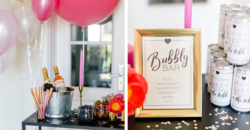 Elegante Deko in Schwarz, Weiß & Rosa und eine erfrischende Bubbly Bar zum Bridesmaid Dinner