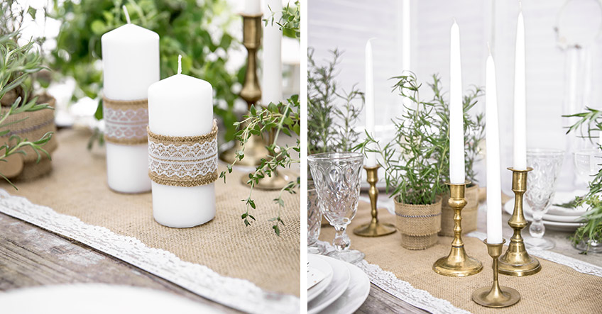 Hochzeitskerzen: Kombiniert mit Juteband und Kerzenhaltern in mattem Gold