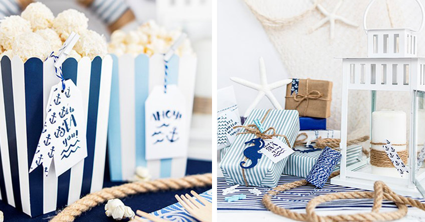 Dekoriere Boxen und Hochzeitsgeschenke mit wunderbar passenden Motiv-Anhängern in Weiß und Navy Blue