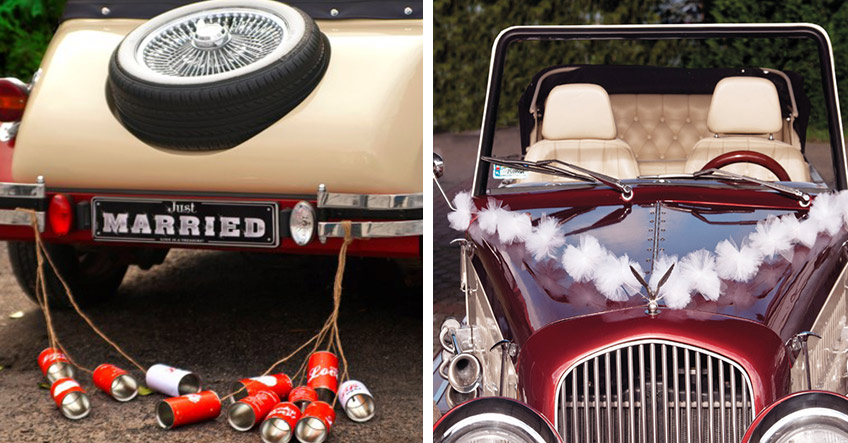 Ein Oldtimer Hochzeitsauto kann wunderbar mit Blechdosen und Schleifchen geschmückt werden