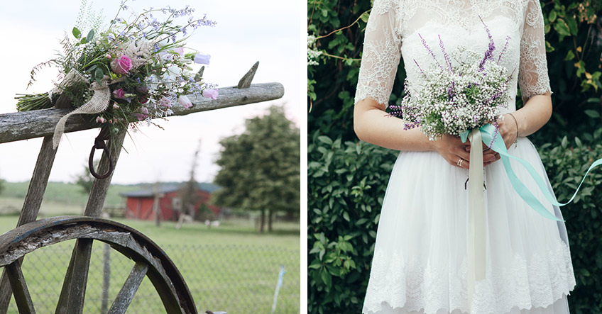 Alte Schubkarren und bunte Wildblumen unterstützen den natürlich rustikalen Look deiner Traumhochzeit (links: (c) Nadine Bartholdt)