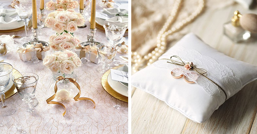 Verwende Elfenbeinfarben und kleine Gold-Akztente für deine Vintage Chic Hochzeit