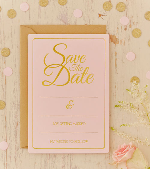 Safe the Date Karte in Blush und Gold für die Hochzeitsplanung