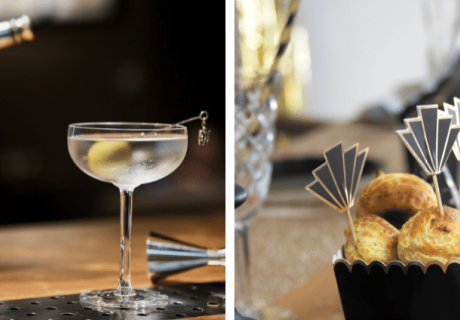 Vergoldete Geomuster schmücken deine Snacks im 20er Style, dazu klassische Cocktails