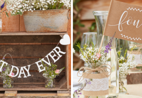 Kraftpapier-Tischnummern und romantische Girlanden ergänzen passend deine rustikale Hochzeitslocation