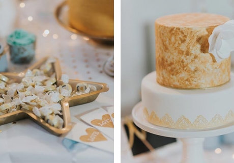 Eine goldene Hochzeitstorte bringt strahlenden Winterglanz auf den Sweet Table - genauso wie das typische Wintermotiv Stern (c) Svetlana Kohlmeier Fotografie