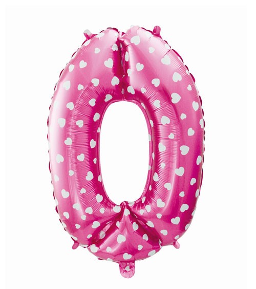 Folienballon Zahl "0" - pink mit Herzen - 61 cm