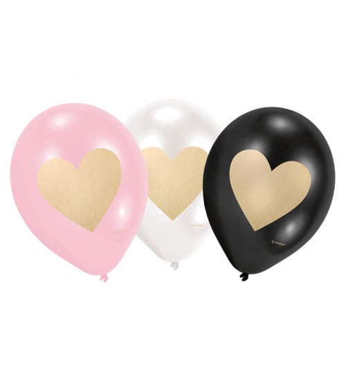 Luftballon-Set mit goldenen Herzen - weiß, schwarz, rosa - 6 Stück