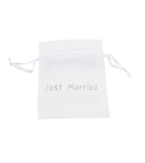 Organza-Beutel "Just Married" - weiß/silber - 8 x 10 cm - 6 Stück