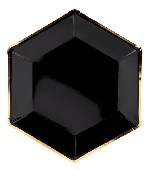 Sechseckige Pappteller - schwarz/gold - 6 Stück