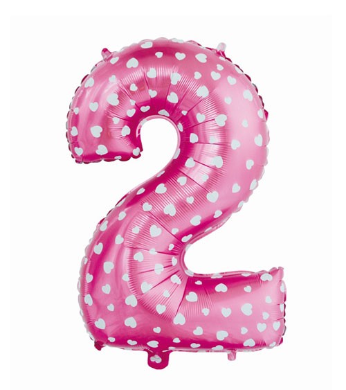 Folienballon Zahl "2" - pink mit Herzen - 61 cm