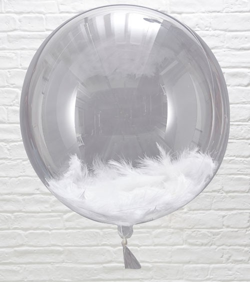 Transparente Kugelballons mit weißen Federn - 46 cm - 3 Stück