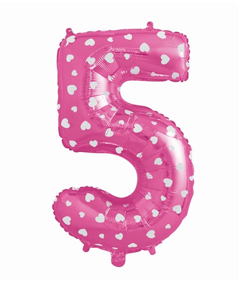 Folienballon Zahl "5" - pink mit Herzen - 61 cm