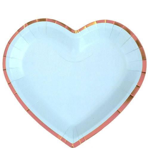 Herz-Pappteller mit rosegoldenem Rand - sky blue - 10 Stück