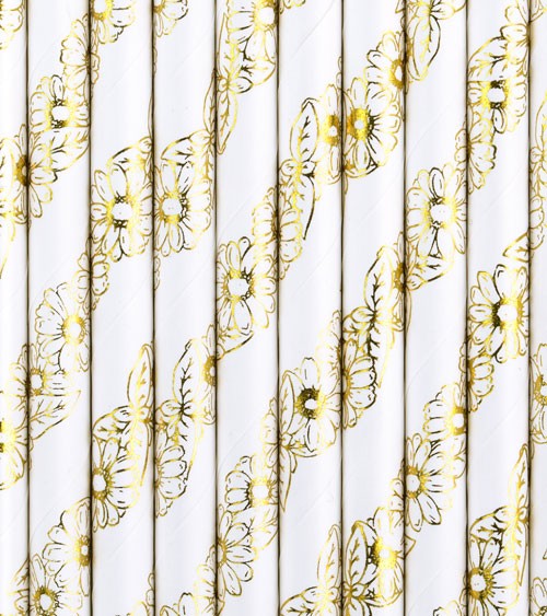 Papierstrohhalme "Daisies" - weiß, metallic gold - 10 Stück