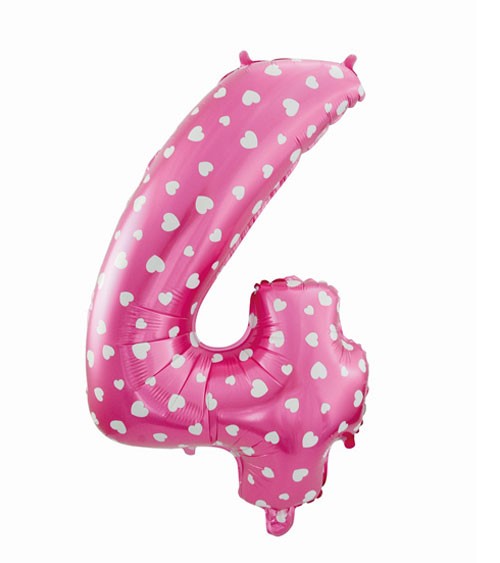 Folienballon Zahl "4" - pink mit Herzen - 61 cm