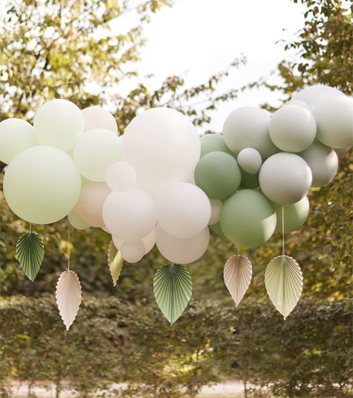 Ballongirlande mit Blattfächern - weiß, salbei, beige - 46-teilig