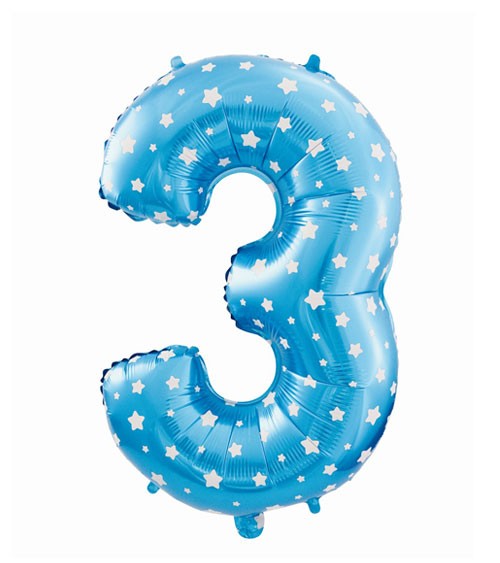 Folienballon Zahl "3" - blau mit Sternen - 61 cm