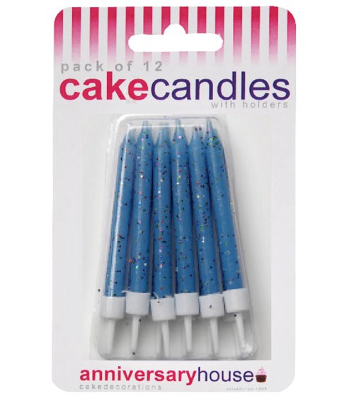 Kuchenkerzen mit Glitter - blau - 12 Stück