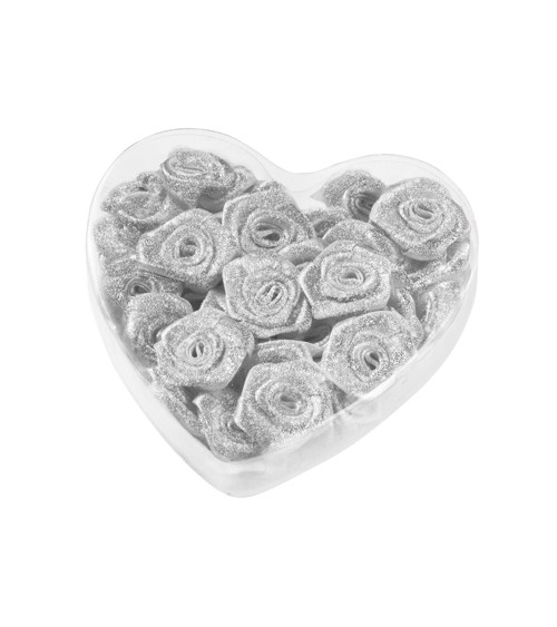 Satin-Rosen zum Streuen in Herzbox - silber - 2 cm - 30 Stück