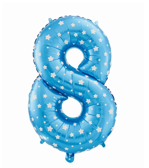 Folienballon Zahl "8" - blau mit Sternen - 61 cm