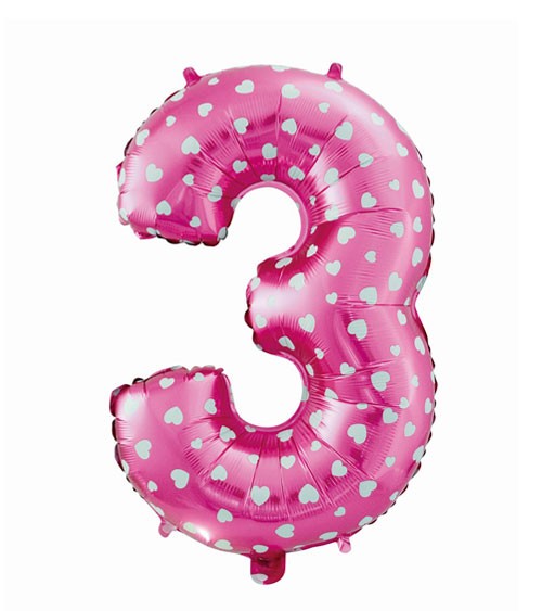 Folienballon Zahl "3" - pink mit Herzen - 61 cm