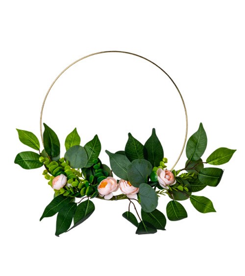 Floral Hoop mit Eukalyptus und pfirsichfarbenen Rosen - 30 cm