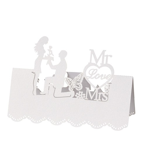 Tischkarten "Mr Love Mrs" - weiß - 12,5 x 11 cm - 5 Stück