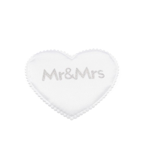 Satin-Herzen "Mr & Mrs" - weiß/silber - 6 cm - 6 Stück