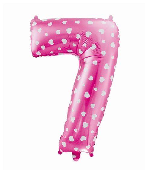 Folienballon Zahl "7" - pink mit Herzen - 61 cm